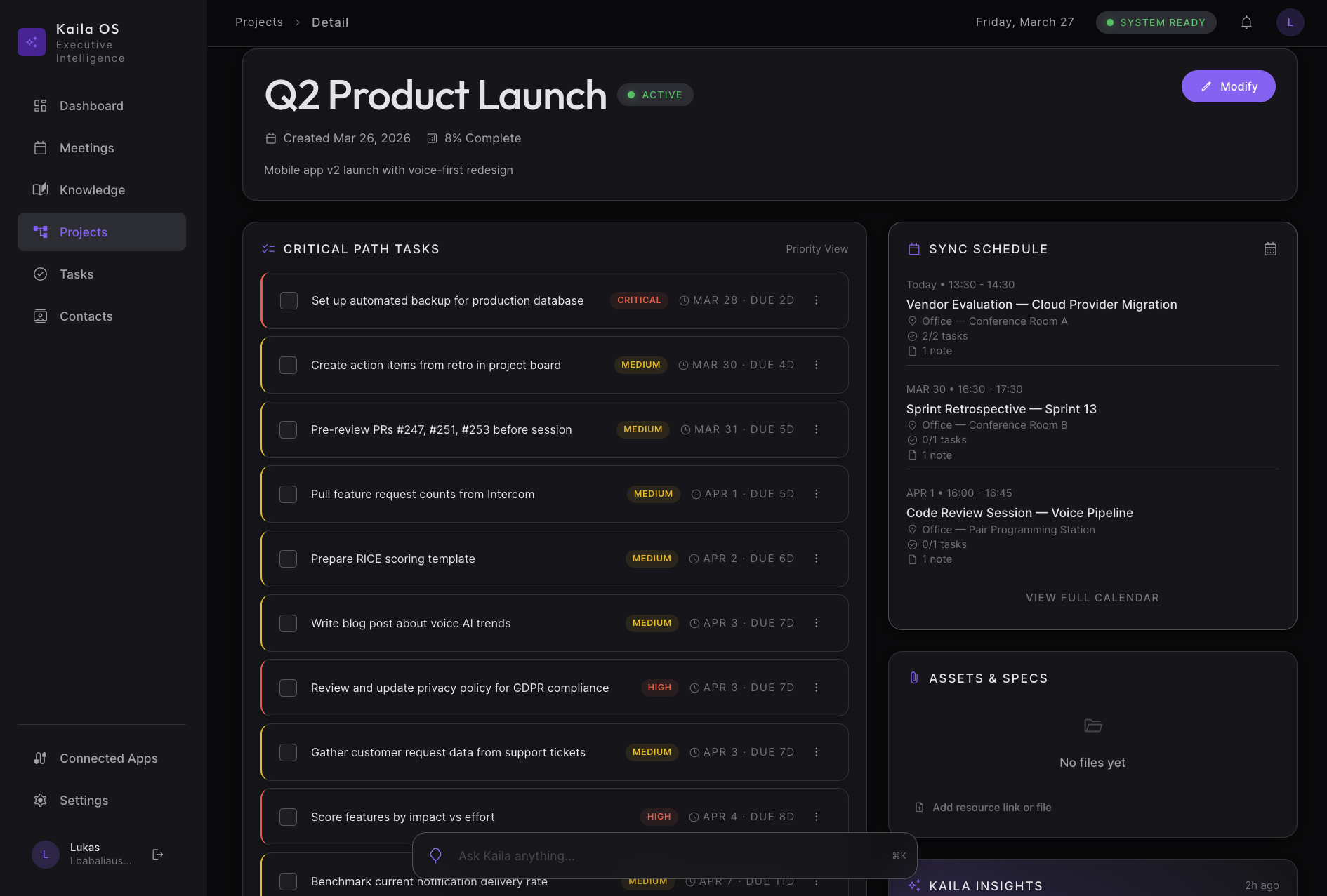 Kaila OS dashboard showing morning intelligence summary, today's meetings, and AI chat assistant