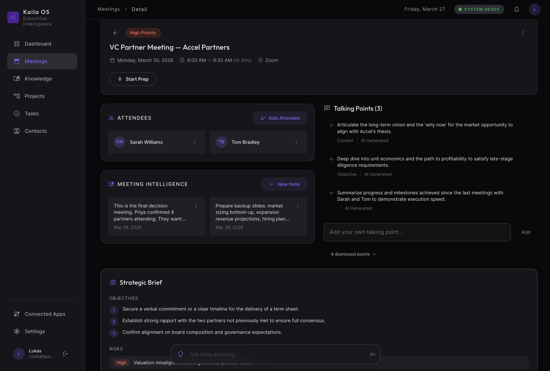 Meeting prep detail view showing talking points, strategic brief, and attendee intelligence
